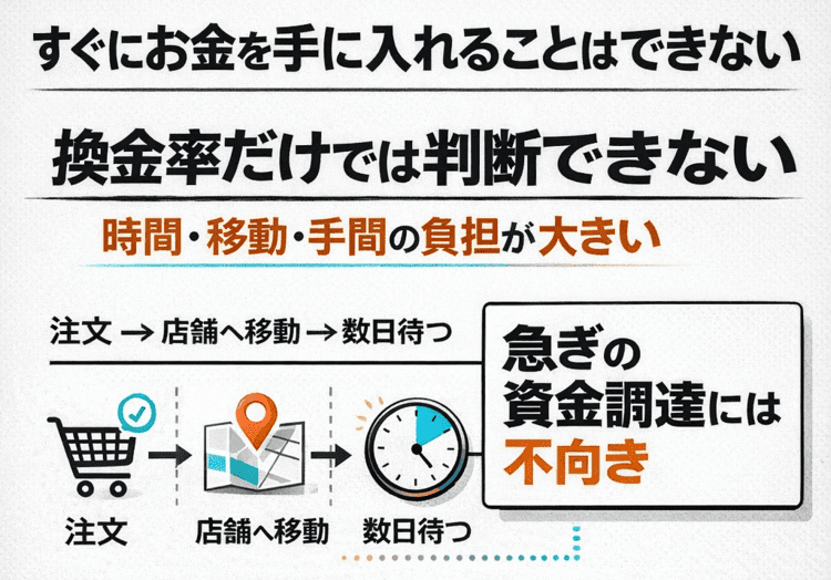 注文から再来店までの時間と手間がかかることを示したタイムライン図