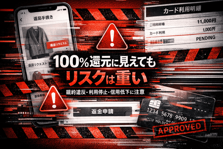 返品とカード利用の画面に警告表示を重ね、現金化の危険性を示したアイキャッチ画像