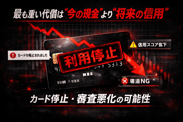 利用停止の表示が付いたクレジットカードと下降する信用イメージを組み合わせた警告画像