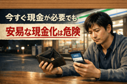 深夜のコンビニ前で財布とスマホを見ながら、安易な現金化の危険性を示す注意喚起イメージ