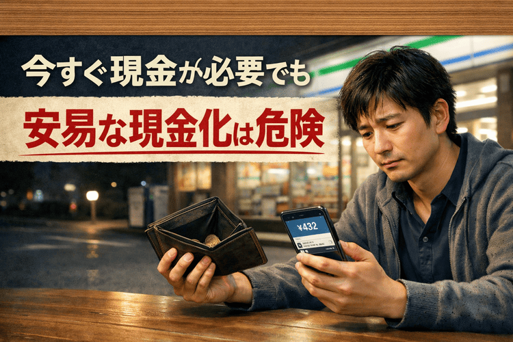 深夜のコンビニ前で財布とスマホを見ながら、安易な現金化の危険性を示す注意喚起イメージ