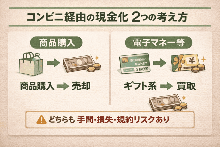 コンビニ経由の現金化手段を2パターンで比較し、手間やリスクも示した図解