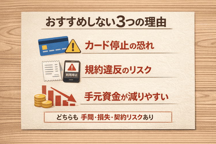 クレジットカードの利用停止や規約違反、損失リスクを3点で示した警告ポスター風イメージ